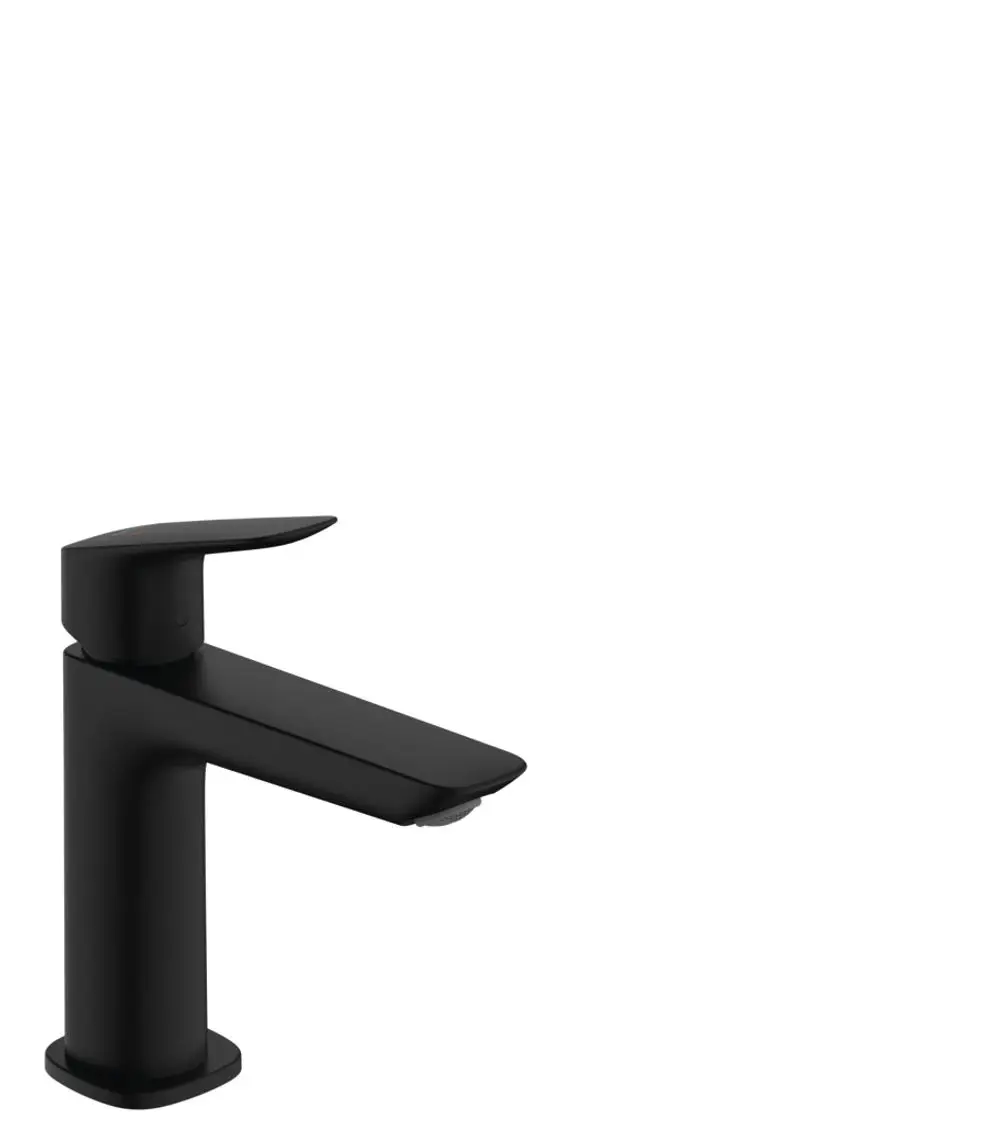 Hansgrohe Einhebel-Waschtischmischer in mattschwarz mit grifffreundlichem Hebel und integriertem Zugstangen-Ablaufsystem. Modernes Design für Badezimmeranwendung.